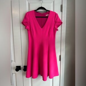 Hutch Anthropologie Fit and Flare Stretch V Neck Dress Barbie Pink Size L